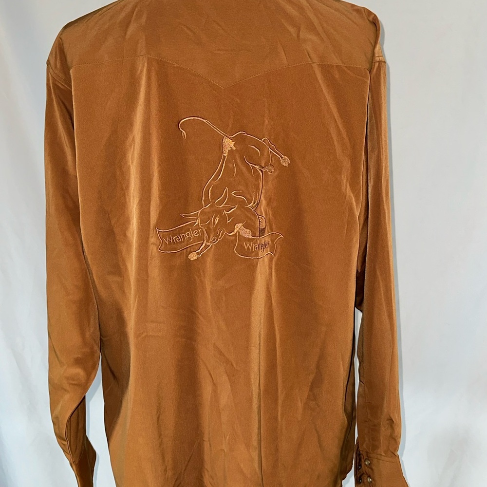 Vintage WRANGLER Burnt Orange Western Shirt Pearl Snap Rodeo Bull Embroidery